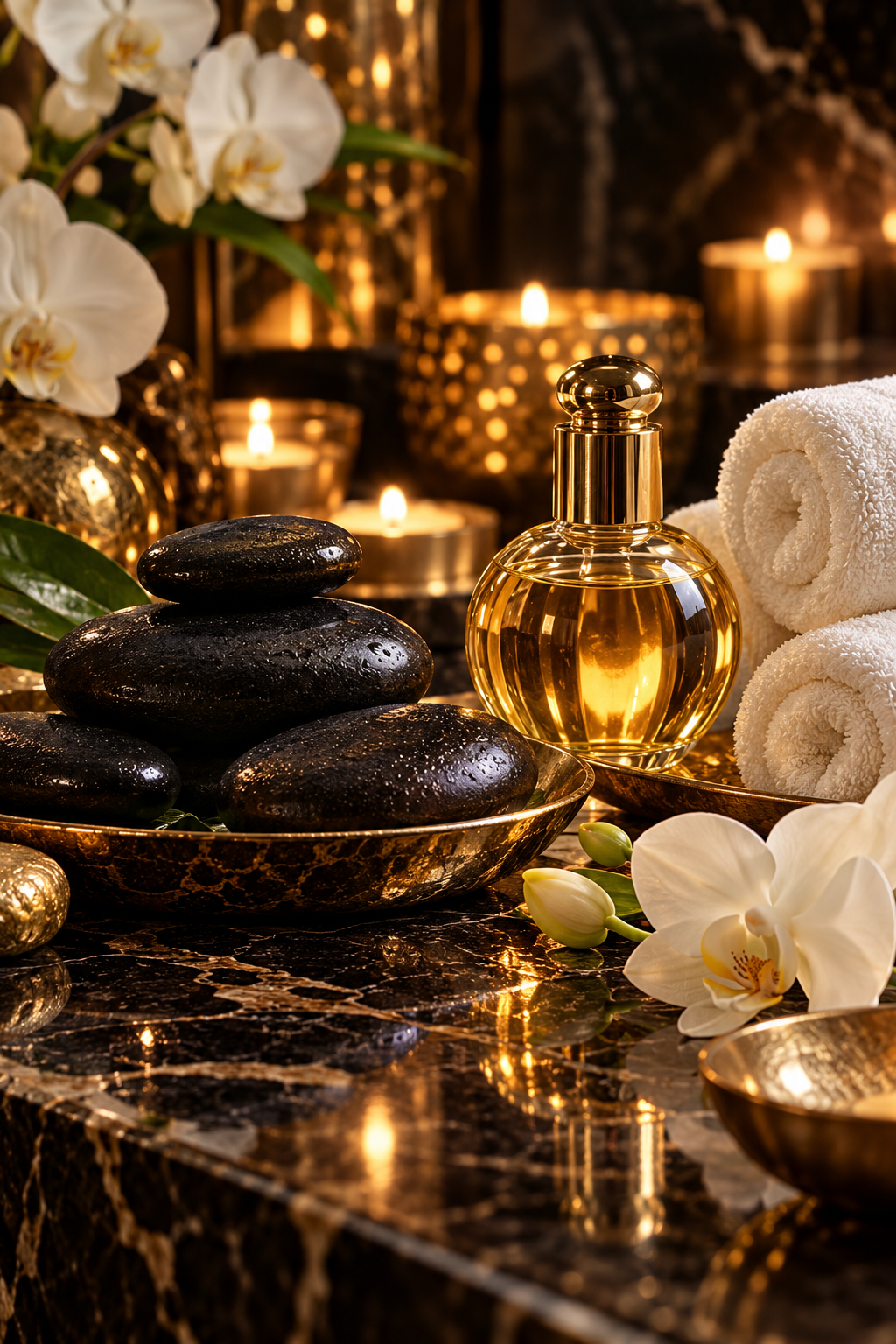 Elegant massage oil and spa ritual setting